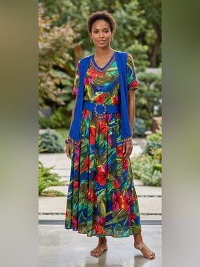 ALI MILES Multicolor Tropical Print Garment with Pink and Red Accents SIZE 12
